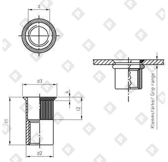 Заклепка-гайка ART 1023 M3x9 с потайным бортиком, с насечками, нерж. сталь А2 - №3